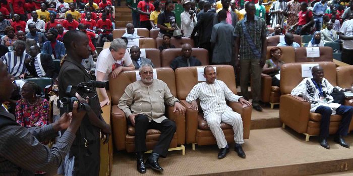 Fomer President Rawlings and Culture, Arts and Tourism Minister Tahirou Barry at a youth symposium organised as part of the Sankara Memorial Project launch activities